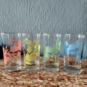 Mid-century Floral Drinkware Set 4 pc., charming retro Glassware, Tumblers